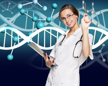 Doktor beyaz ceket ve dna molekül formülü
