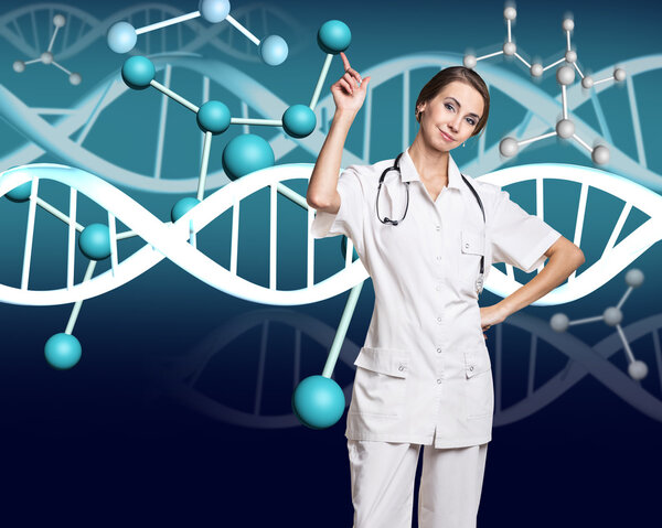 Doctor in white coat and dna molecule formula