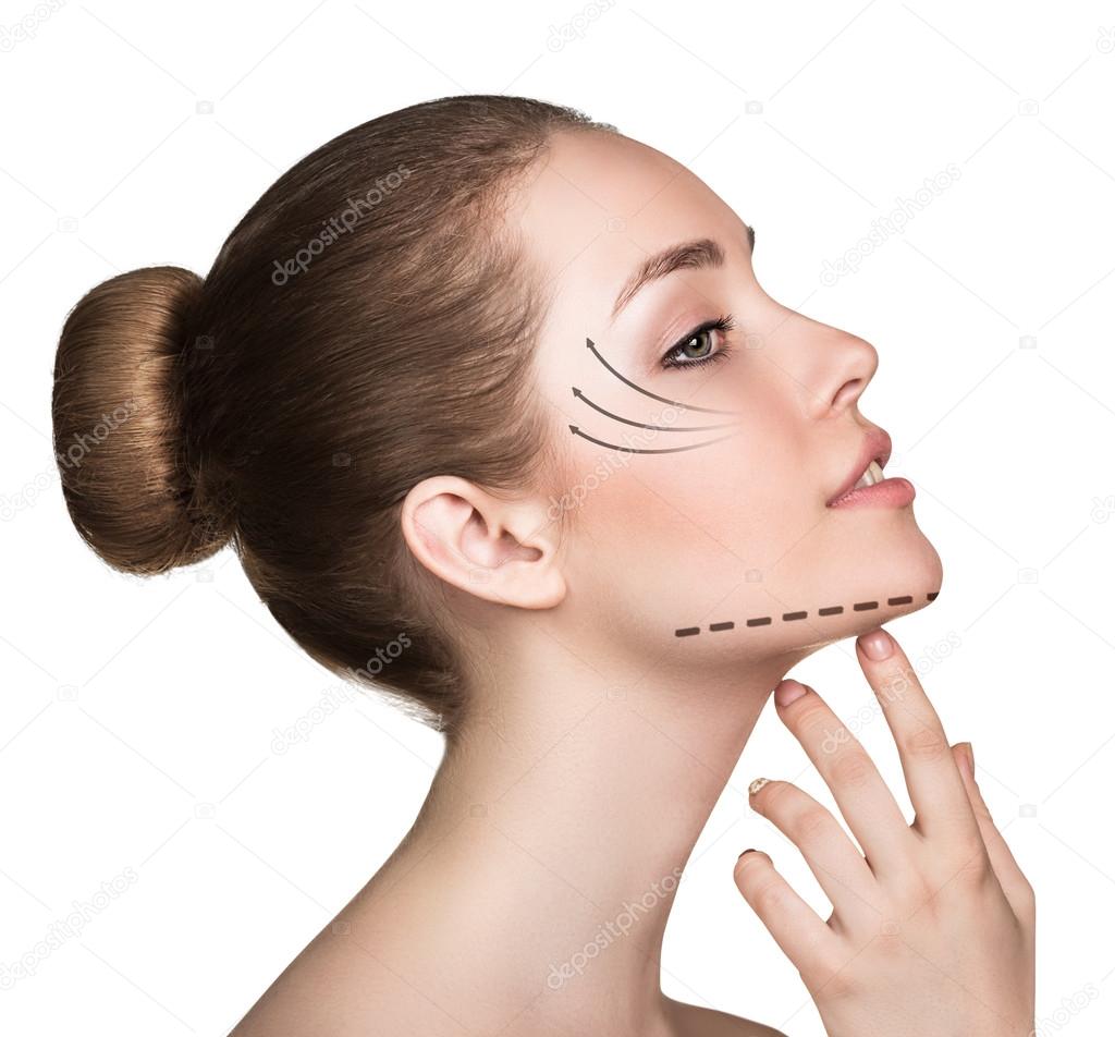Woman touching her face with lifting arrows