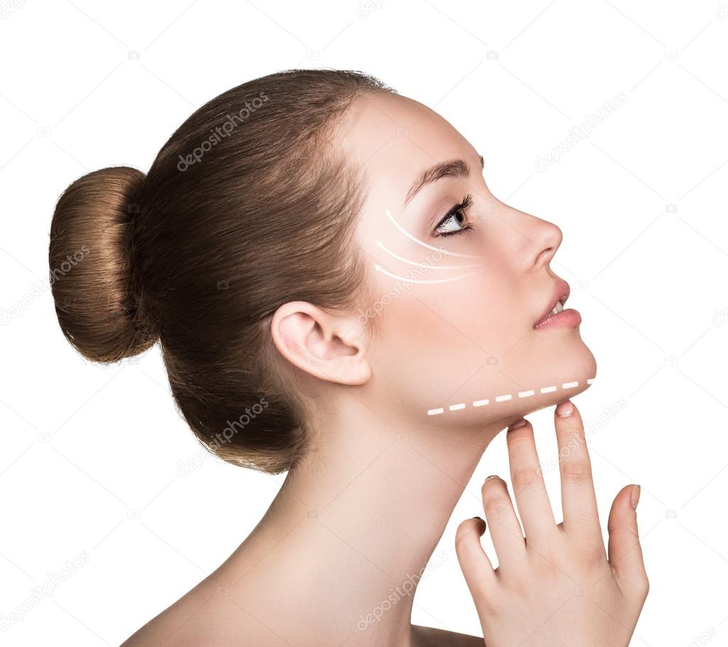 Woman touching her face with lifting arrows