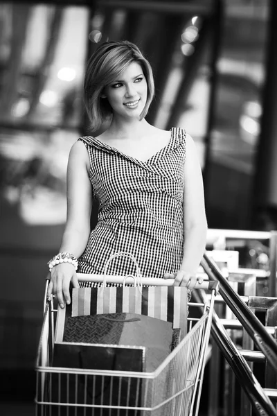 Mujer hermosa con carrito de compras —  Fotos de Stock