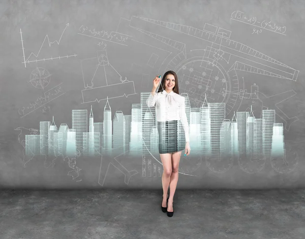 Geschäftsfrau arbeitet mit modernen virtuellen Technologien — Stockfoto