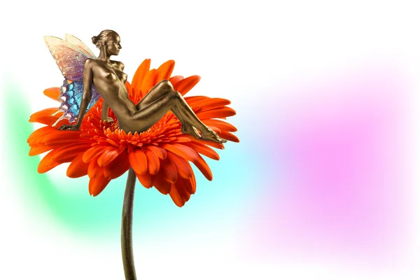 Sexy golden woman on the flower — Stock Photo, Image