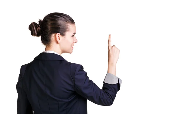 Woman with forefinger up — Stock Photo, Image