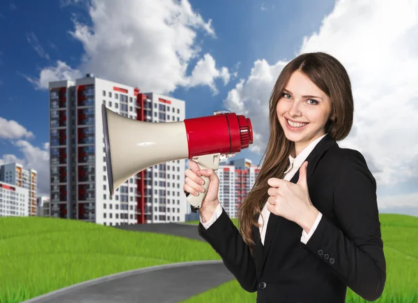 Woman speaking in megaphon — Stock Photo, Image