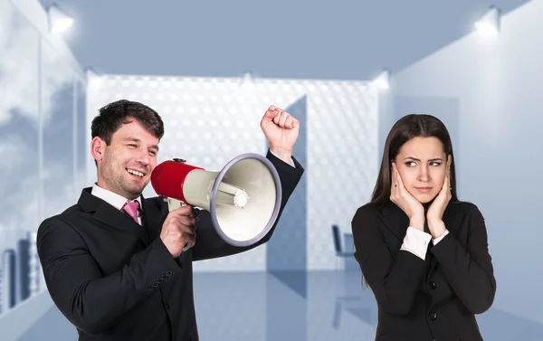 Speaking boss with megaphon — Stock Photo, Image