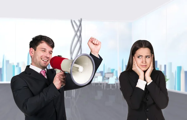 Speaking boss with megaphon — Stock Photo, Image