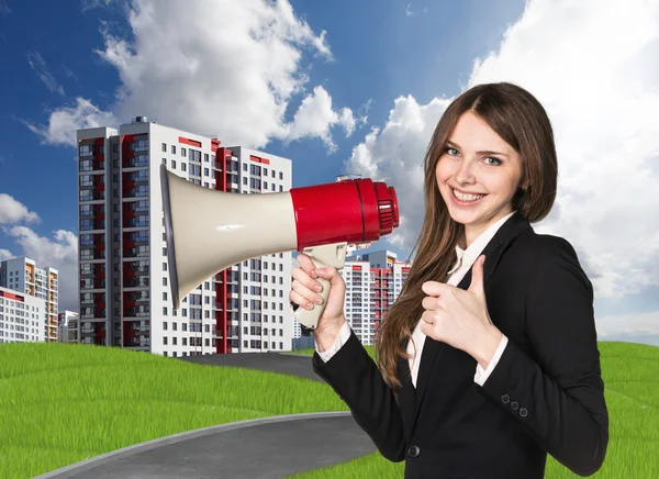 Woman speaking in megaphon — Stock Photo, Image