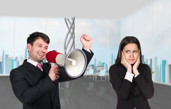 Speaking boss with megaphon — Stock Photo, Image