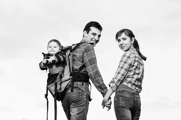 Baby boy in backpack — Stock Photo, Image