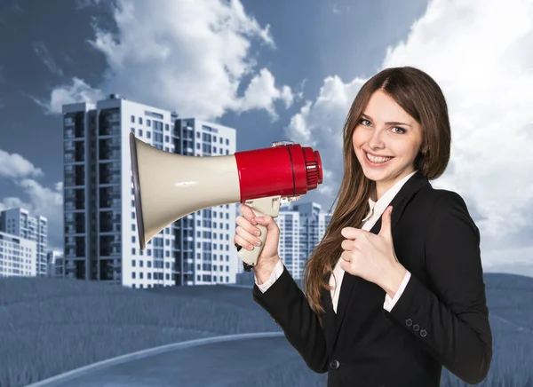 Woman speaking in megaphon — Stock Photo, Image