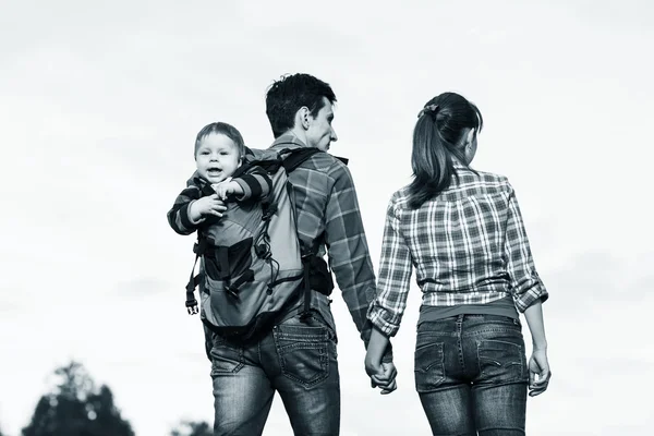 Baby boy in backpack — Stock Photo, Image