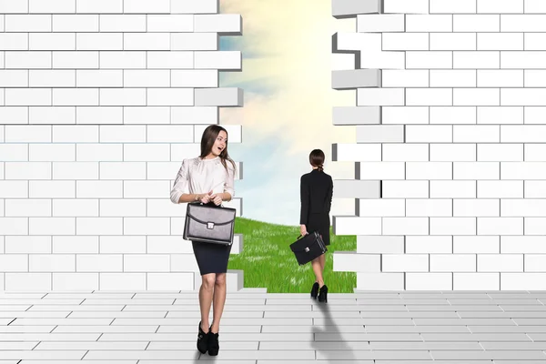 Mooie vrouwelijke ondernemers kijken vervallen bakstenen muur — Stockfoto