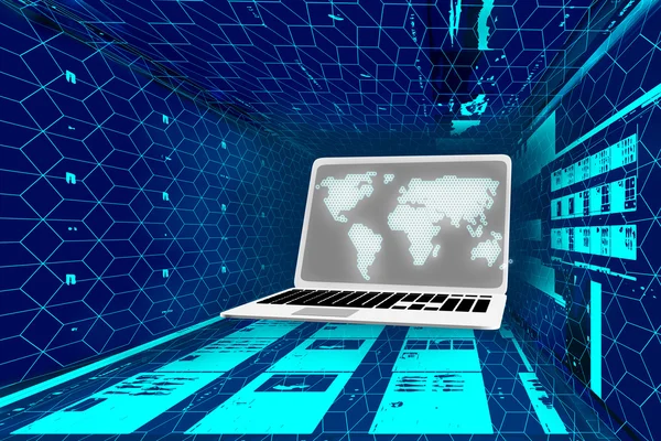 Espaço azul escuro com laptop no centro — Fotografia de Stock