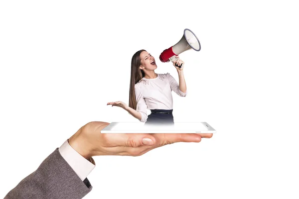 Palma aberta segura telefone com menina  . — Fotografia de Stock