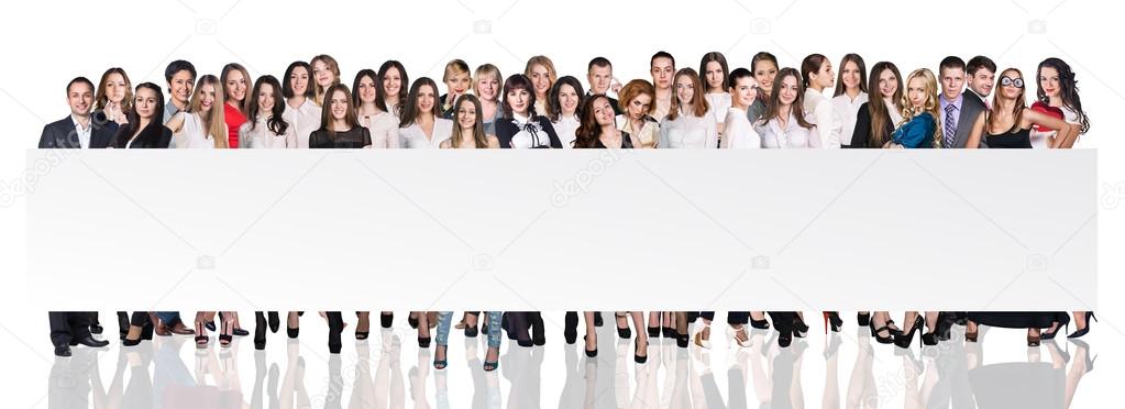 Group of business people presenting empty banner