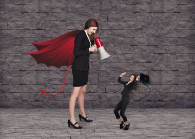 Devil businesslady with a megaphone screeming clipart
