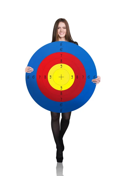 Business woman holding big target — Stock Photo, Image