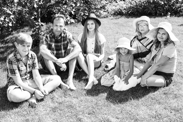 Stor familj avkopplande i parken sommaren — Stockfoto