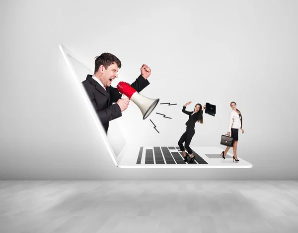 Businessman with megaphone get out of laptop — Stock Photo, Image