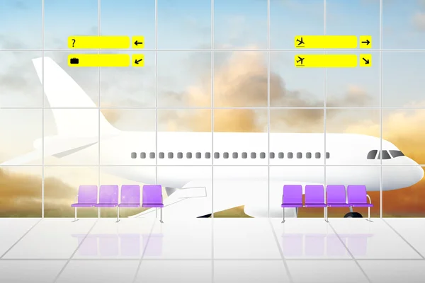 机场的窗户后面的白色飞机 — 图库照片