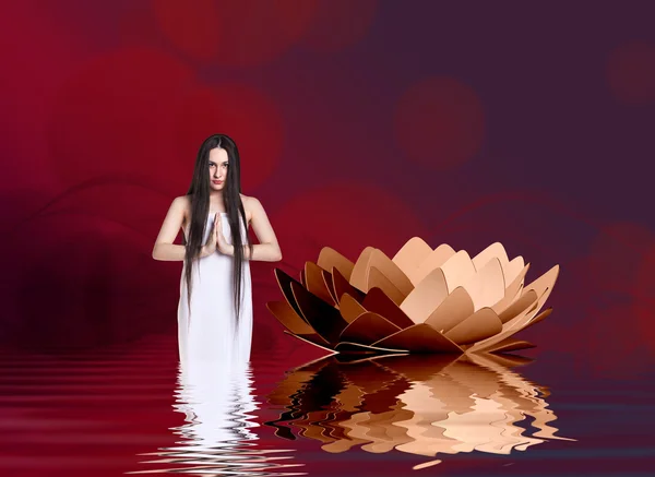 Nő a fehér ruha mellett lotus — Stock Fotó
