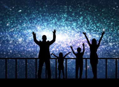 Cosmos içinde mutlu aile silüeti