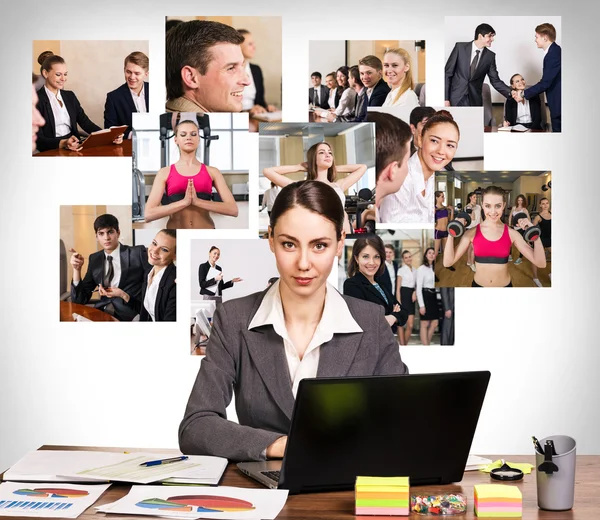 Mujer de negocios con cuaderno y collage — Foto de Stock