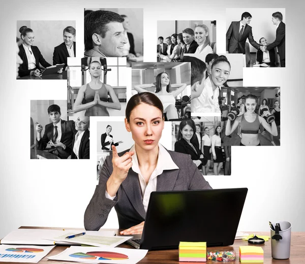 Business woman with notebook and collage — Stock Photo, Image