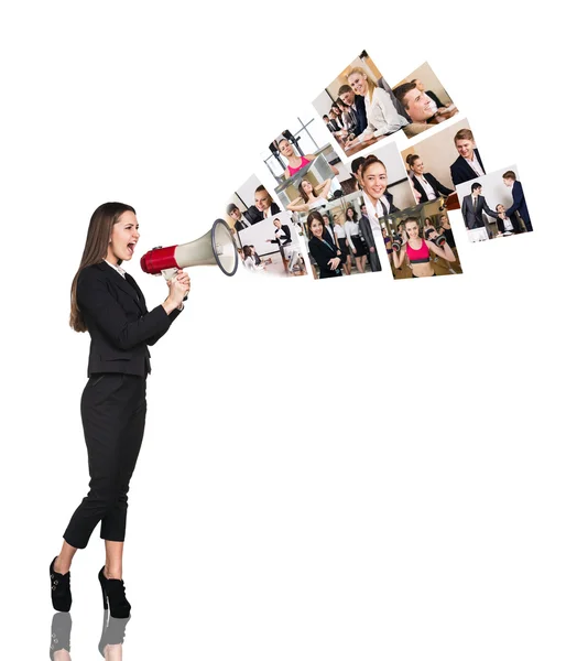 Young woman speak to megaphone — Stock Photo, Image