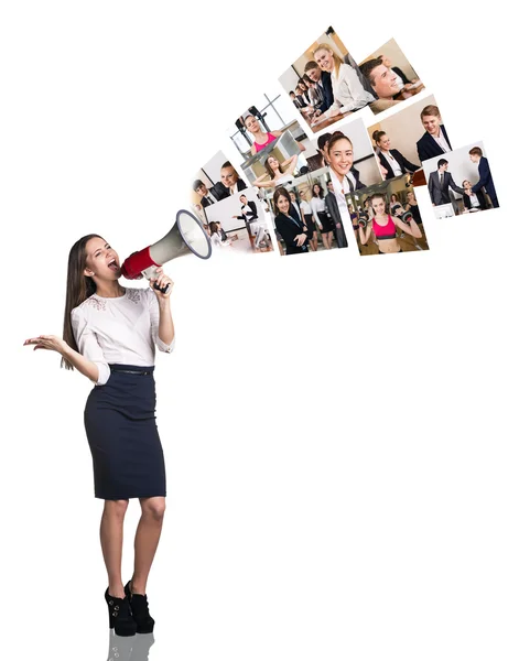 Young woman speak to megaphone — Stock Photo, Image