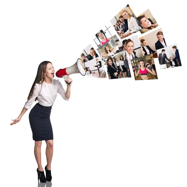 Young woman speak to megaphone — Stock Photo, Image