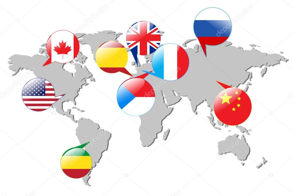 Flags of different countries on the white map.