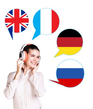 Kadın ve kabarcıkları ile ülke bayrakları.