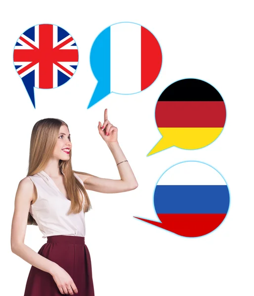 Woman and bubbles with countries flags. — Stock Photo, Image