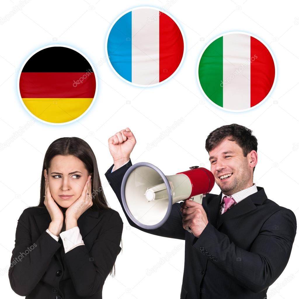 Woman, man and bubbles with countries flags.