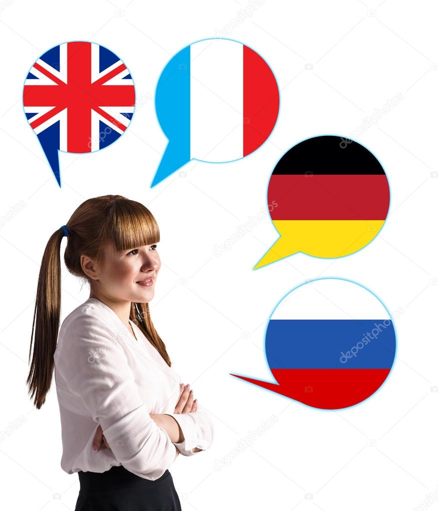 Young girl and bubbles with countries flags.