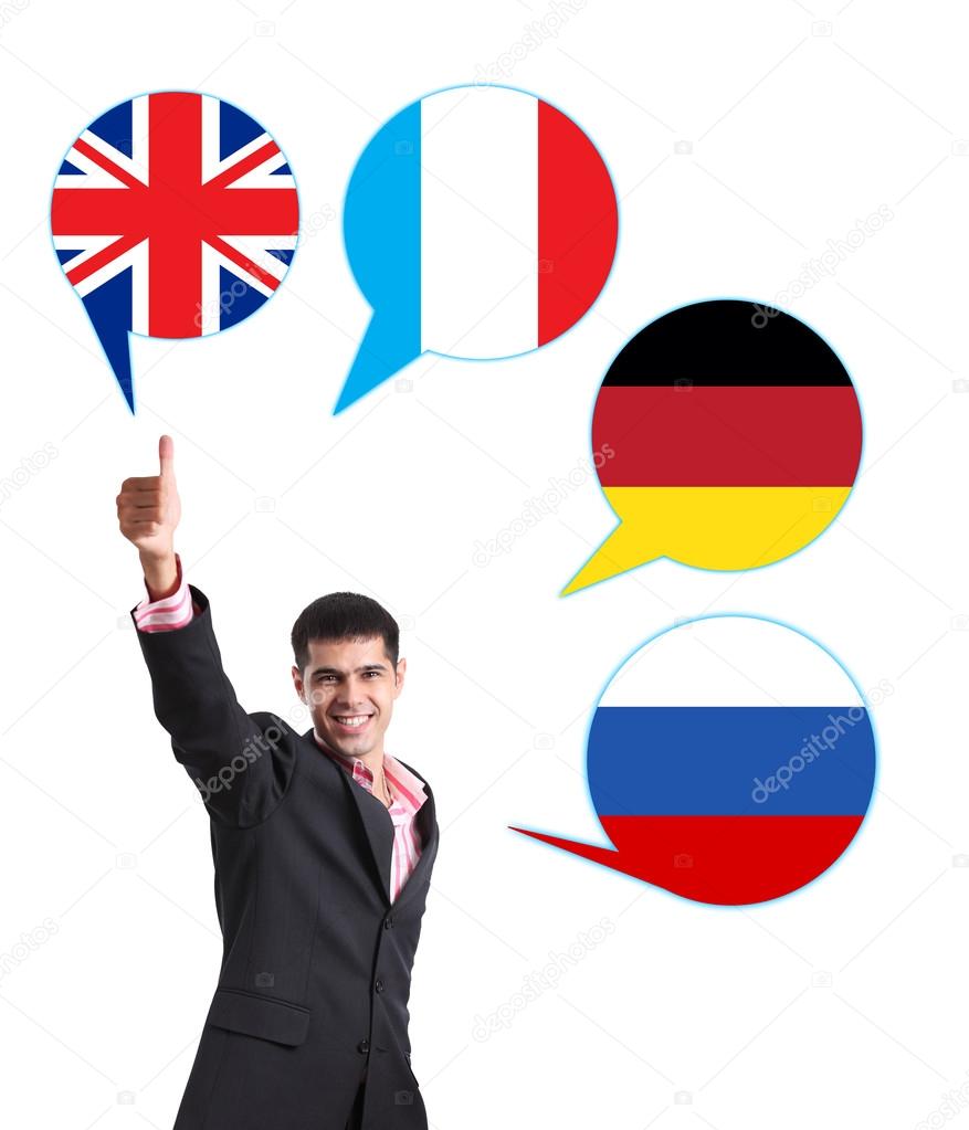 Businessman and bubbles with countries flags.