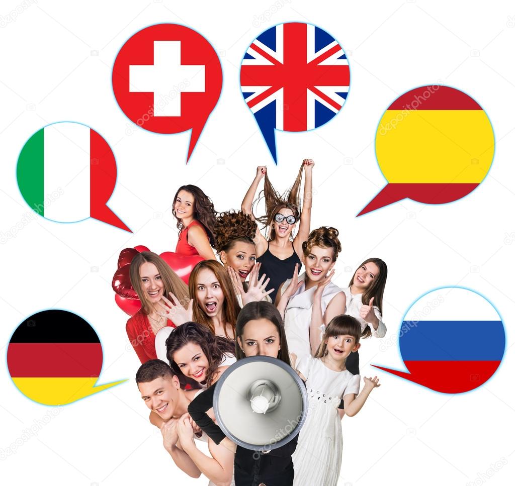 Group of people and bubbles with countries flags