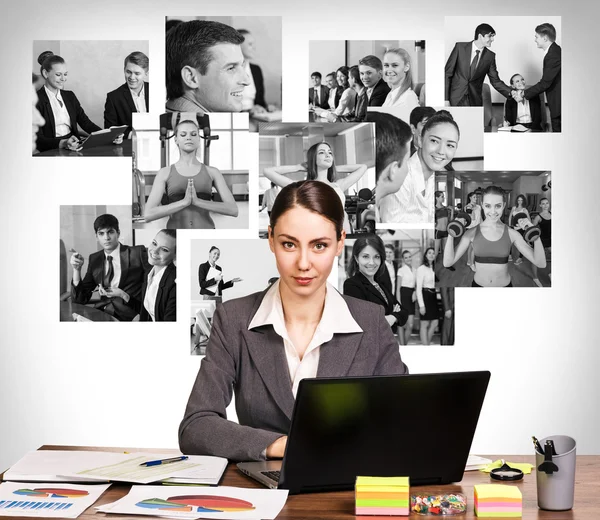 Business woman with notebook and collage — Stock Photo, Image