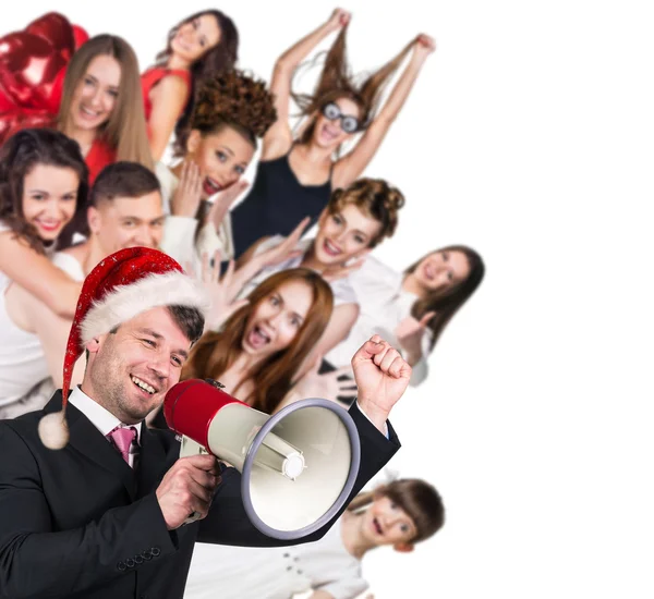 Young happy people and man with loudspeaker — Stock Photo, Image