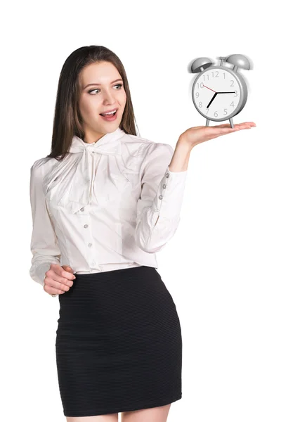 Business woman holding väckarklockan — Stockfoto