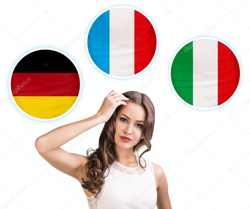 Woman and bubbles with countries flags.
