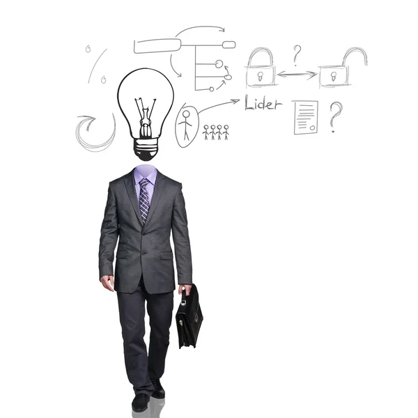 Business man with big bulb instead head — Stock Photo, Image