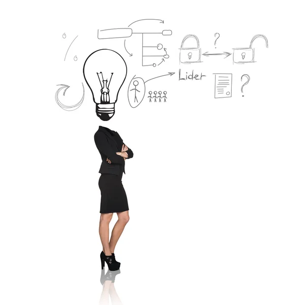 Business woman with big bulb instead head — Stock Photo, Image