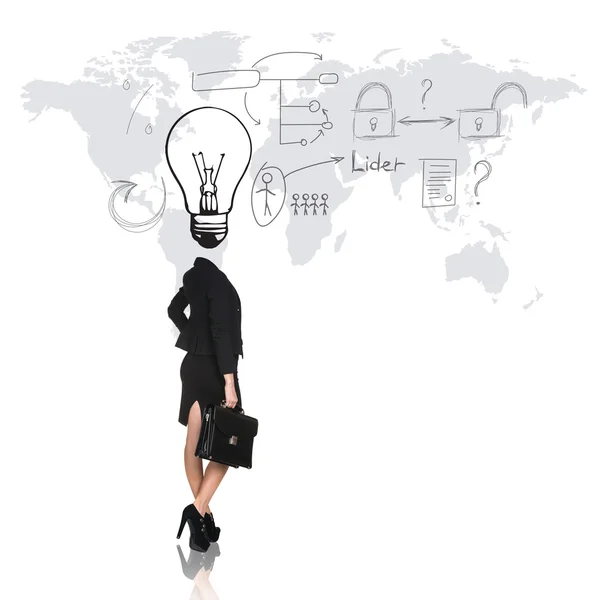 Business woman with big bulb instead head — Stock Photo, Image