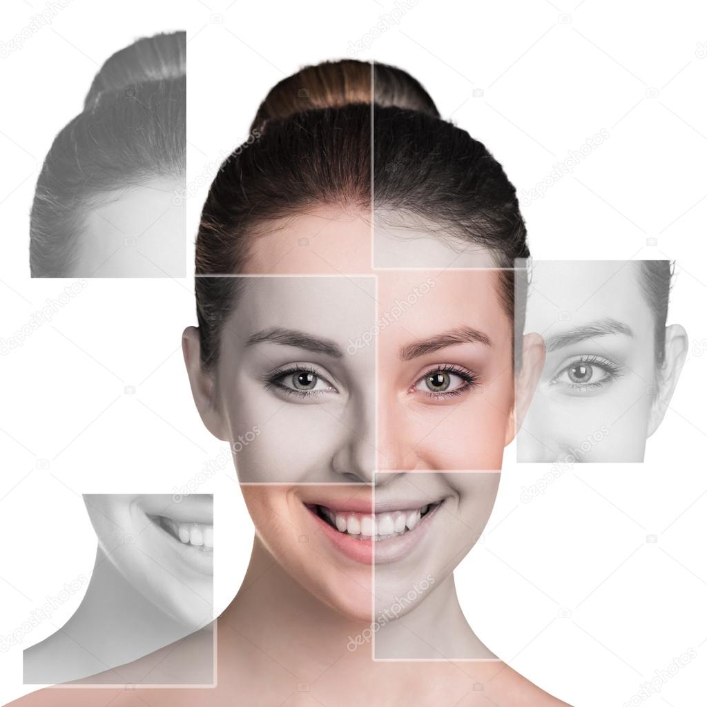 Perfect female face made of different faces