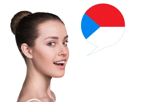 Beautiful woman speak. Bubble country flag — Stock Photo, Image