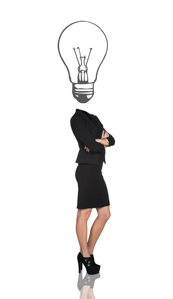 Business woman with big bulb instead head — Stock Photo, Image