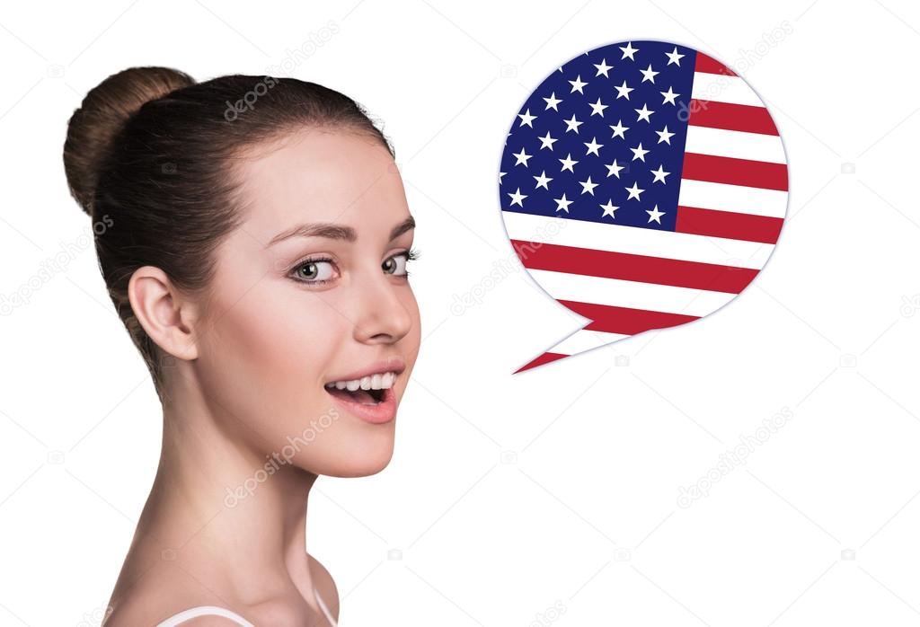 Beautiful woman speak. Bubble country flag Stock Photo by ©kotin 88890692